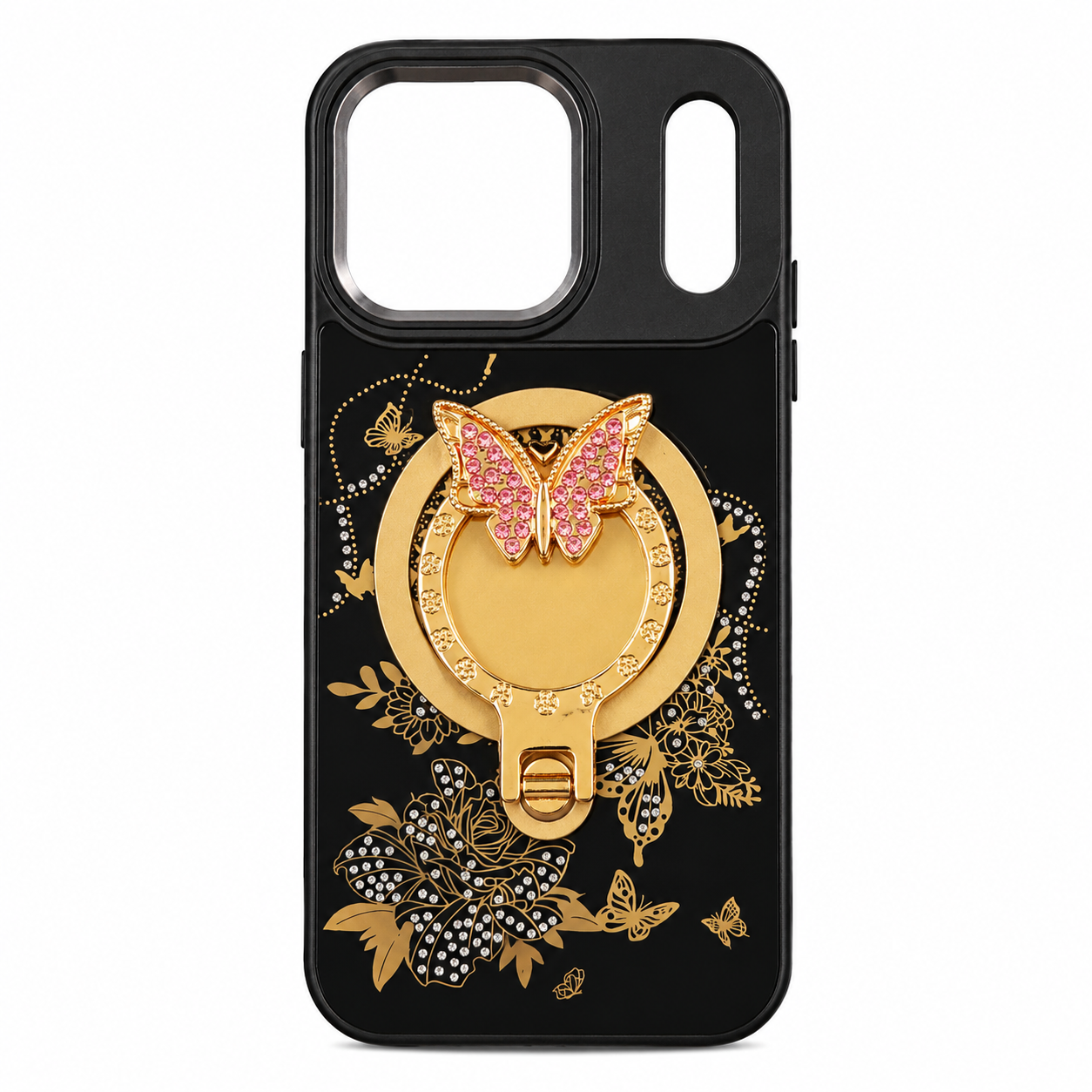 Glitter Sparkle Butterflies Ring Stand Bling Diamond Kickstand Shockproof Protective Cover in black, compatible for IPHONE 17 PRO MAX
